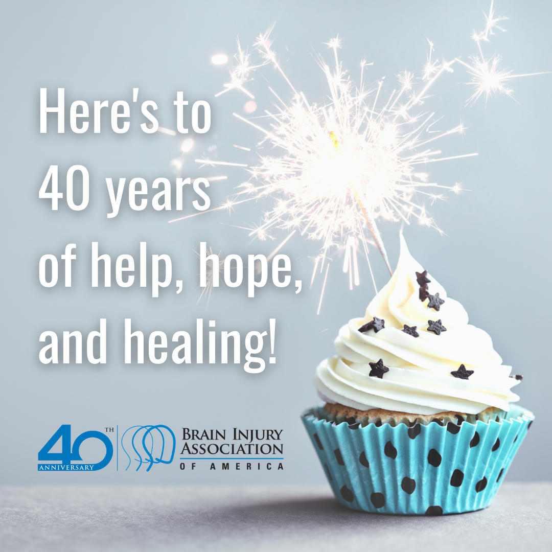 Heres to 40 years of help hope and healing. BIAA 40th anniversary graphic with blue cupcake and candle.