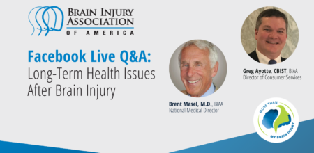 Facebook Live Q&A on Long-Term Health After Brain Injury with Dr. Brent Masel - promo image with Dr. Masel headshot and Greg Ayotte headshot